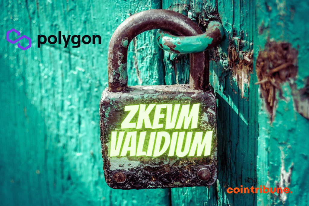 Illustration d'un cadenas, logo de Polygon et mention "ZkEVM Validium"