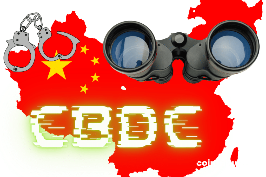 Drapeau Chine, mention CBDC, photos de jumelles et menottes
