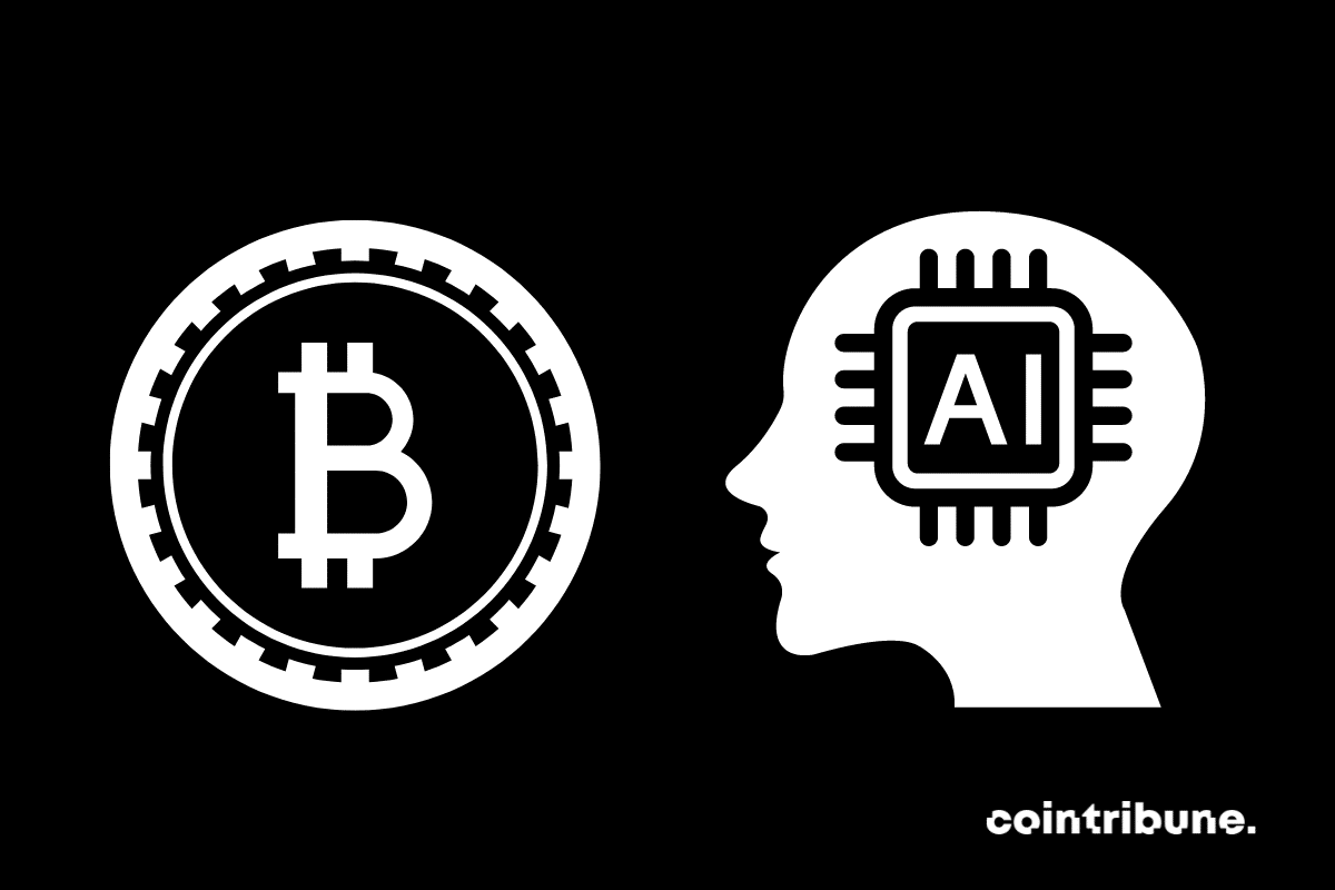 Une pièce Bitcoin et un dessein de tête avec la mention AI