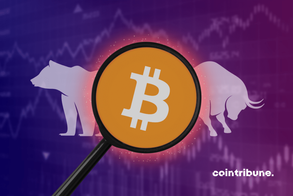 Bitcoin logo framed by a magnifying glass with a full-color graphic in the background, as well as a bull and a white bear.
