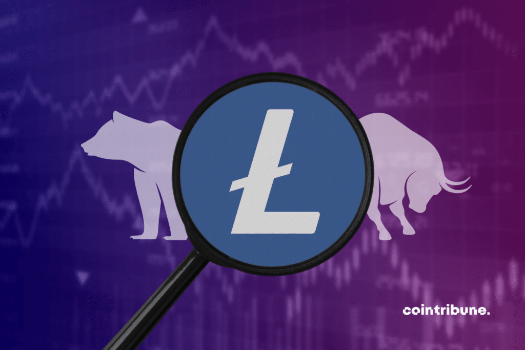 Logo Lite coin zoomé par une loupe avec un fond, un graphique, un ours et un taureau.