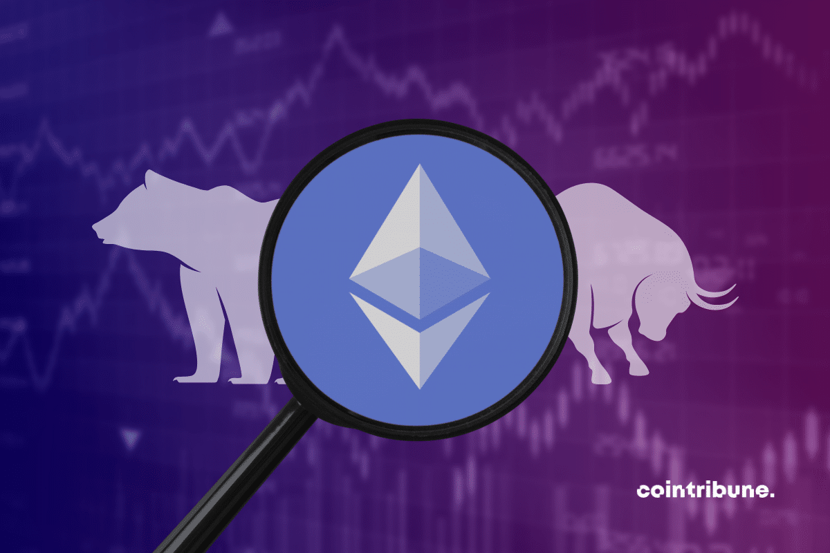 Logo Ethereum encadré par une loupe avec en fond un taureau et un ours devant un graphique.