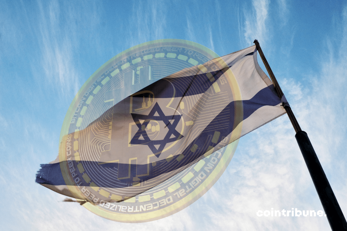 Le drapeau d'Israel avec une pièce de BTC en filigrane