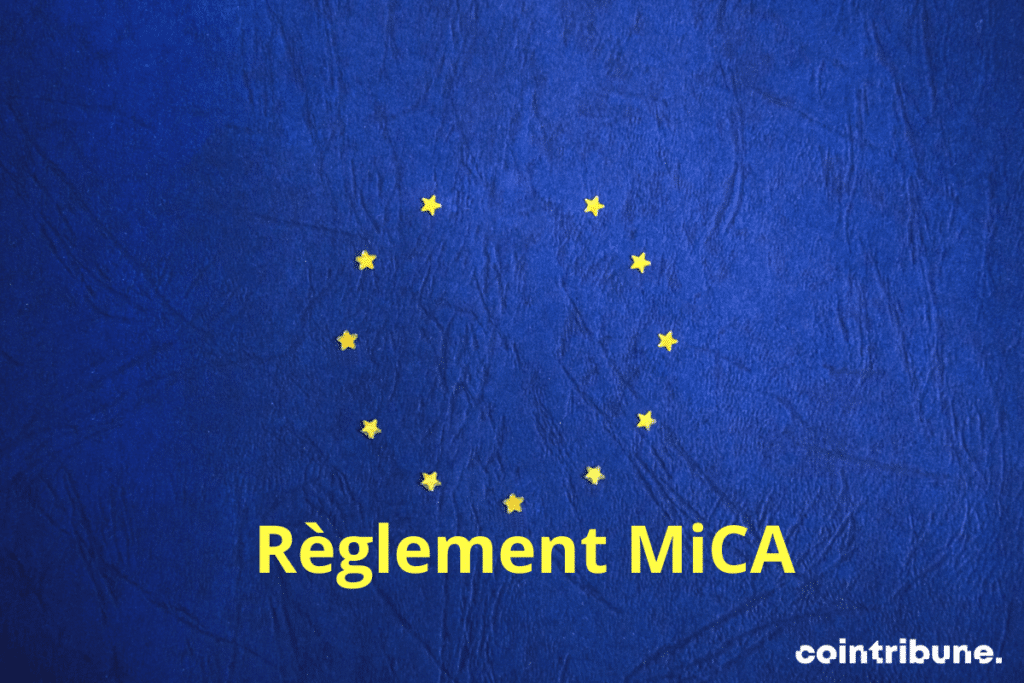 Un drapeau de l'UE avec des la mention règlement MICA