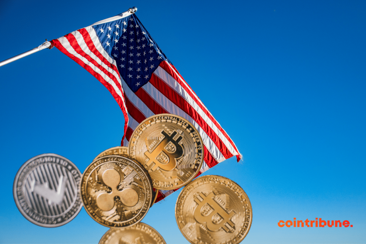 Le drapeau des USA avec des pièces de crypto