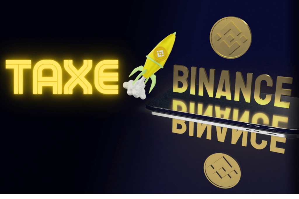 Logo Binance accompagné du mot "Taxe" et d'un croquis de fusée.