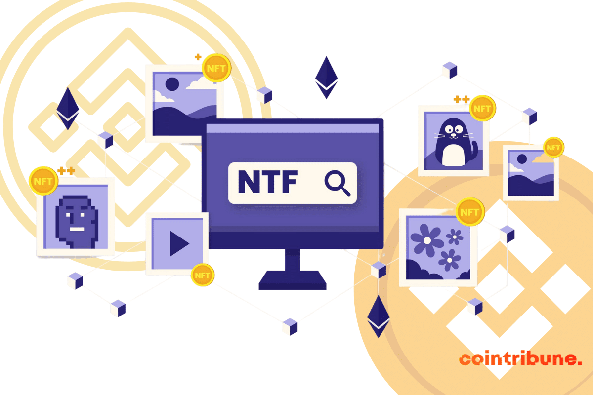 Ecran d'un ordinateur comportant l'inscription "NFT" avec plusieurs icônes autour et deux logo de Binance en arrière plan.