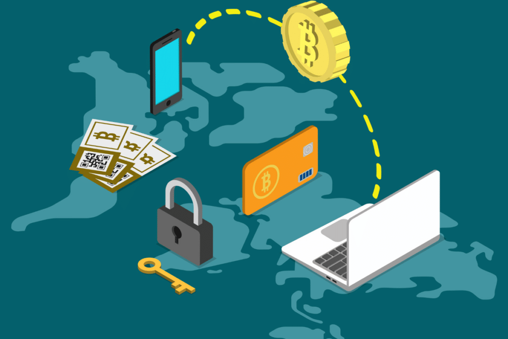 Croquis d'une transaction entre un smartphone et un ordinateur accompagné de l'illustration d'un token bitcoin, d'un cadenas, d'une clé et des billets portant le logo du bitcoin.