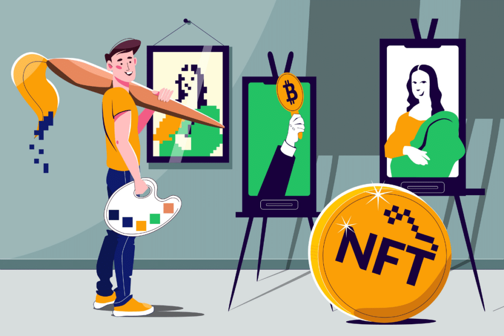 Croquis d'un token marqué par l'inscription "NFT" et d'un homme tenant un grand pinceau devant des tableaux