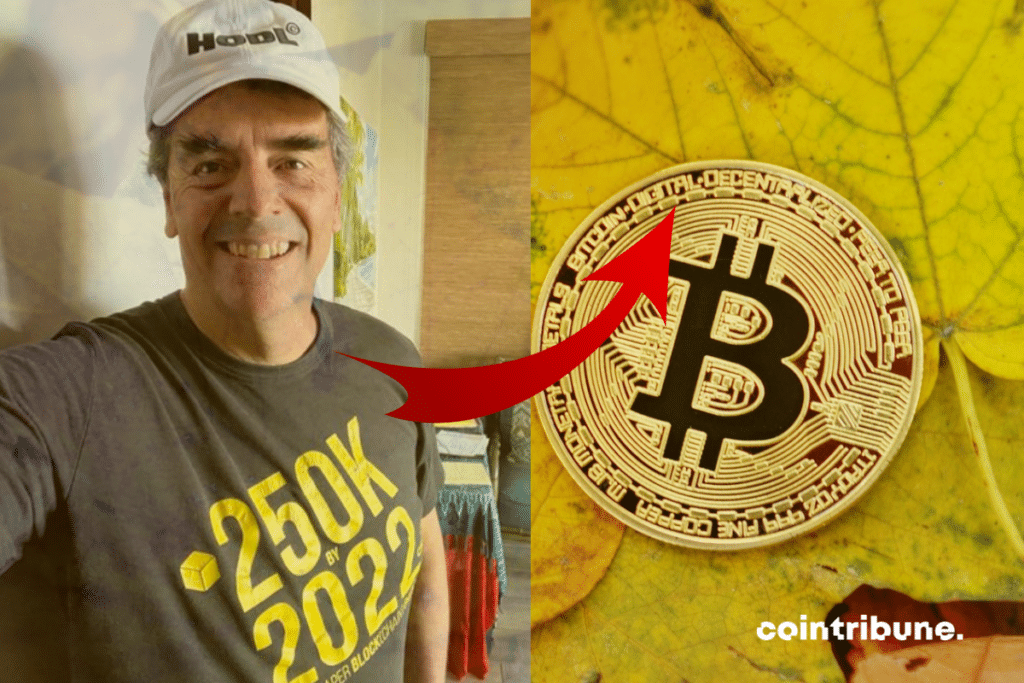 A Bitcoin, a photo of Tim Draper and a rising red arrow