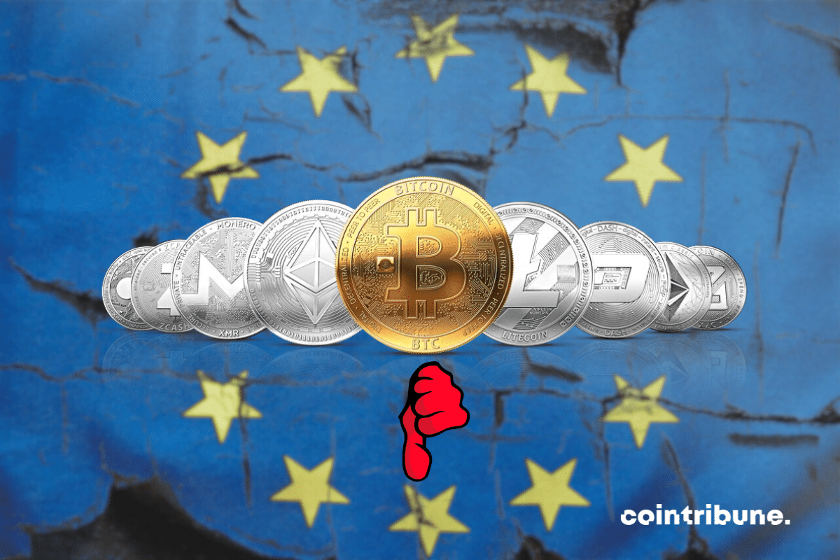 Drapeau de l'UE avec des pièces de cryptomonnaies et une pouce rouge