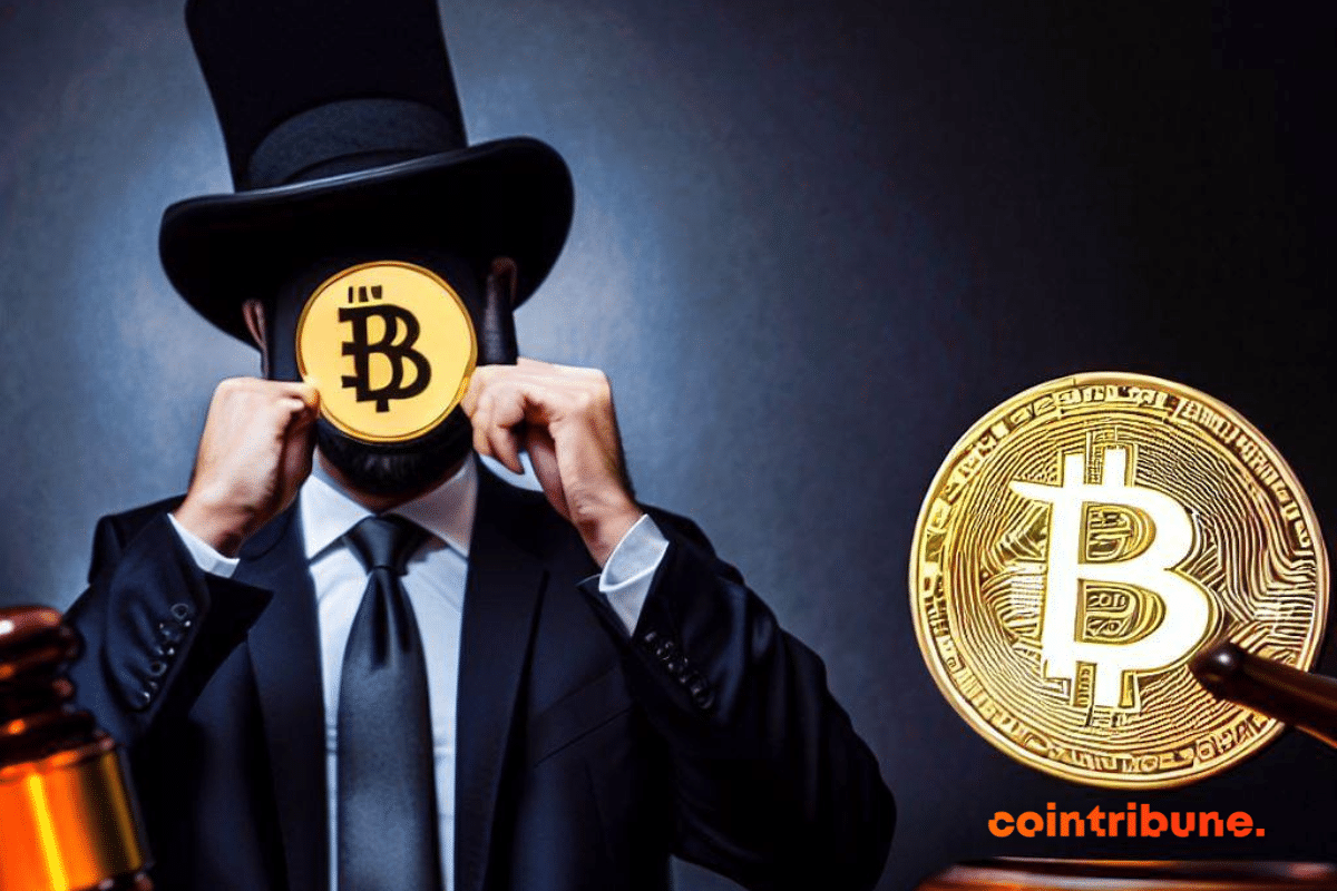 A man in a suit hiding his face with a bitcoin