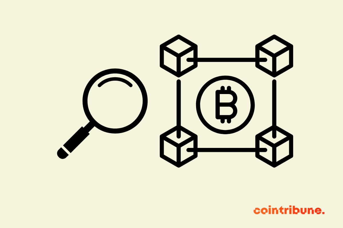 Une loupe et la blockchain Bitcoin