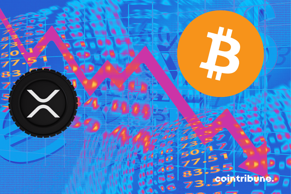 Vecteur baisse des cours, logos de bitcoin et XRP