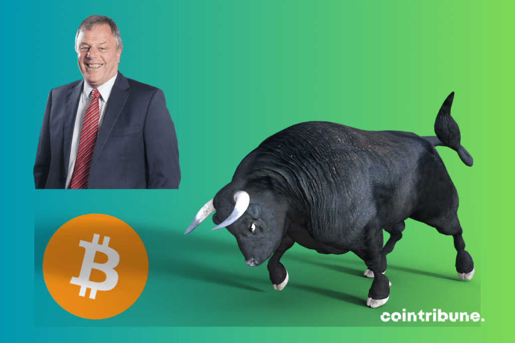 Photo de bull, logo de bitcoin et portrait de Bill Miller