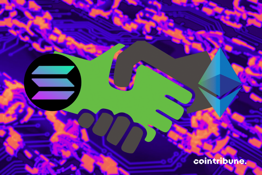 Image of a computer circuit with chains, handshake and Ethereum and Solana logos