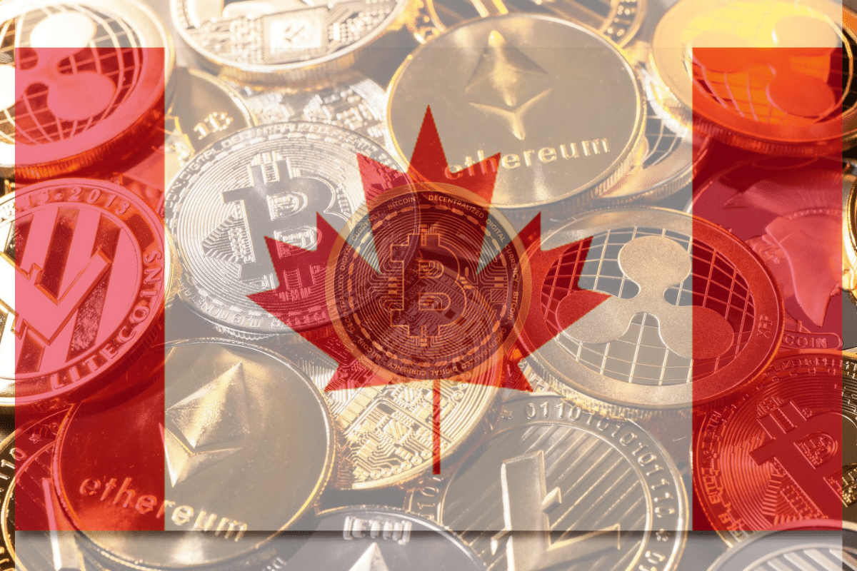 Le drapeau du Canada couvre toutes les cryptomonnaies illustrant le staking crypto