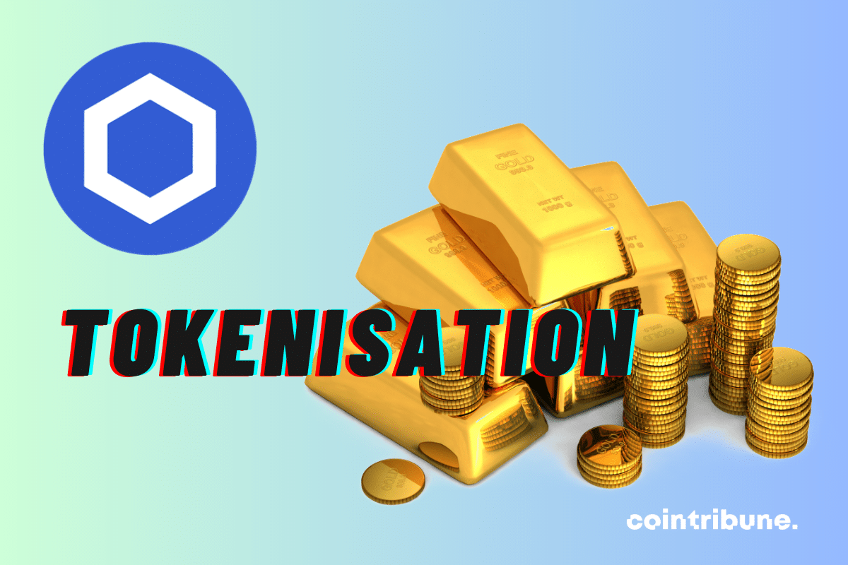 Pièces et lingots d'or, logo de Chainlink et mention "tokenisation"