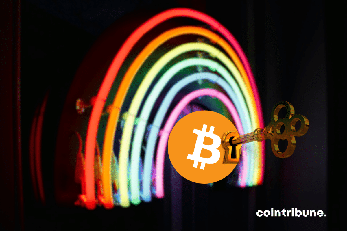 Rainbow and key images, with bitcoin logo