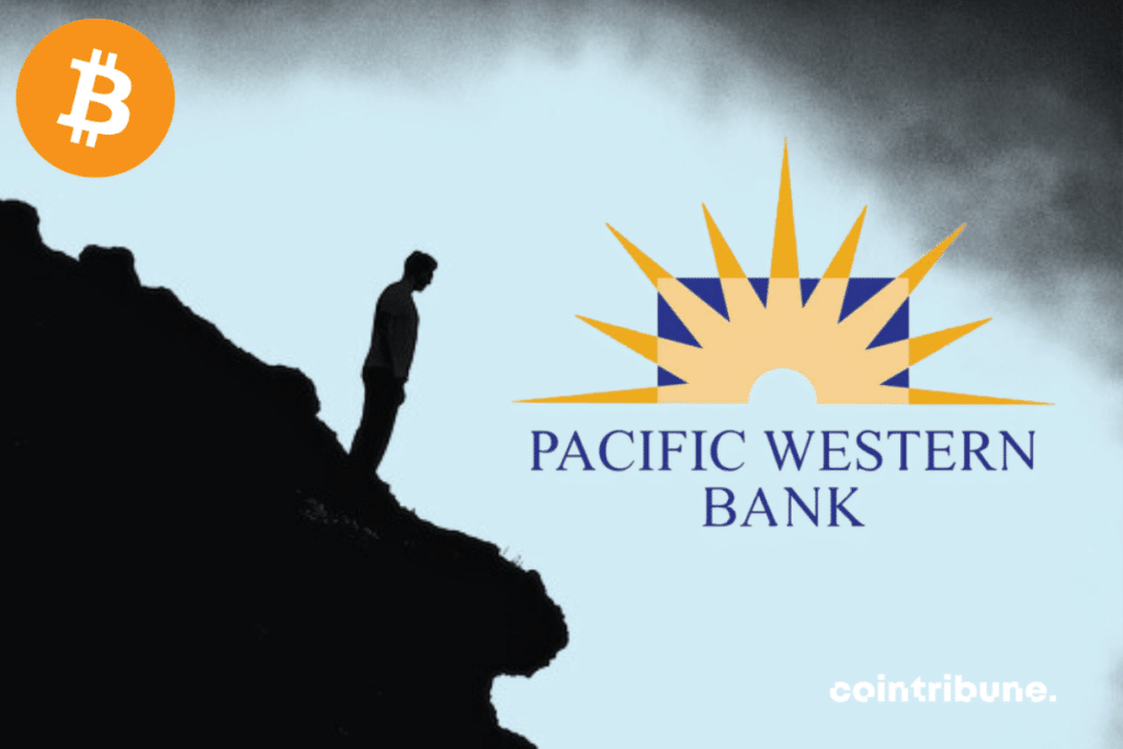 Photo of a man on the brink, bitcoin and PacWest logos