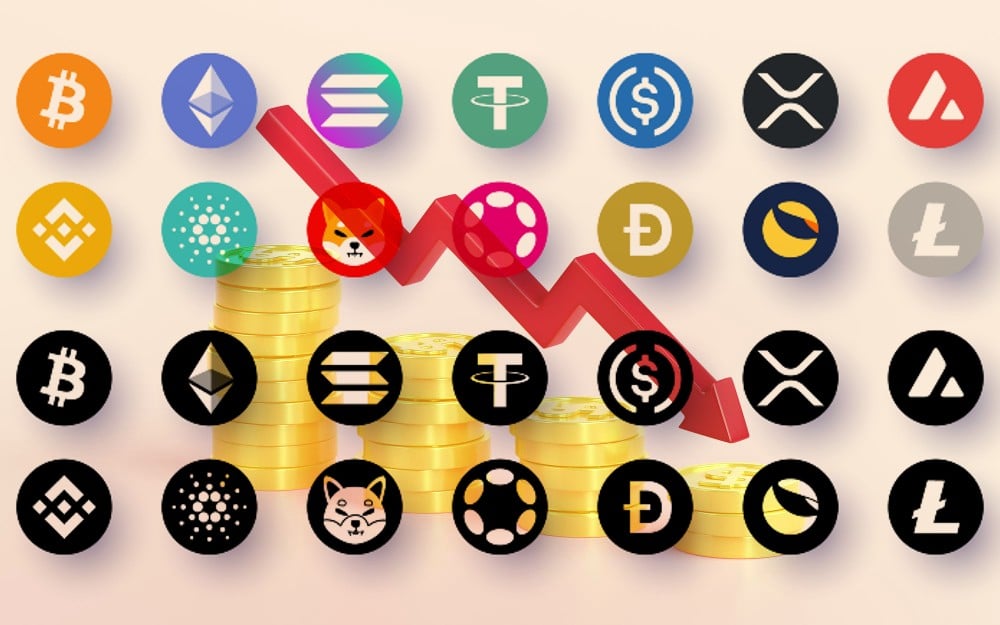 Several cryptocurrencies like bitcoin (BTC) and XRP, with a red arrow –