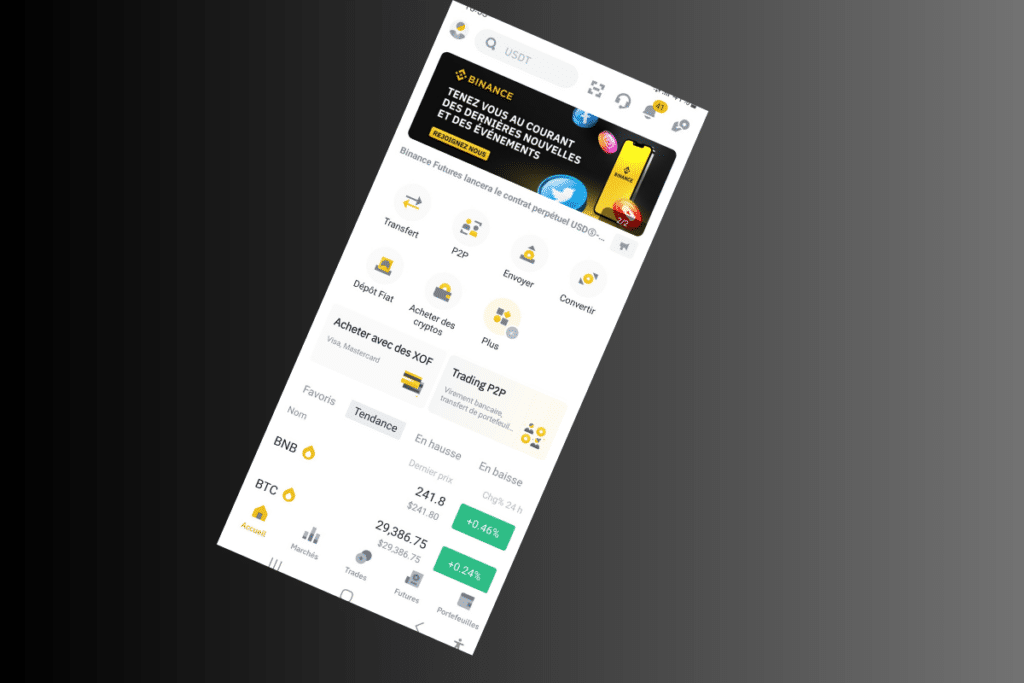 Une capture d'écran de l'interface mobile de Binance