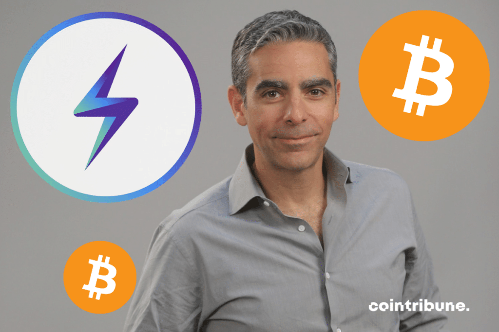 Photo de David Marcus, logos de bitcoin et du Lightning Network