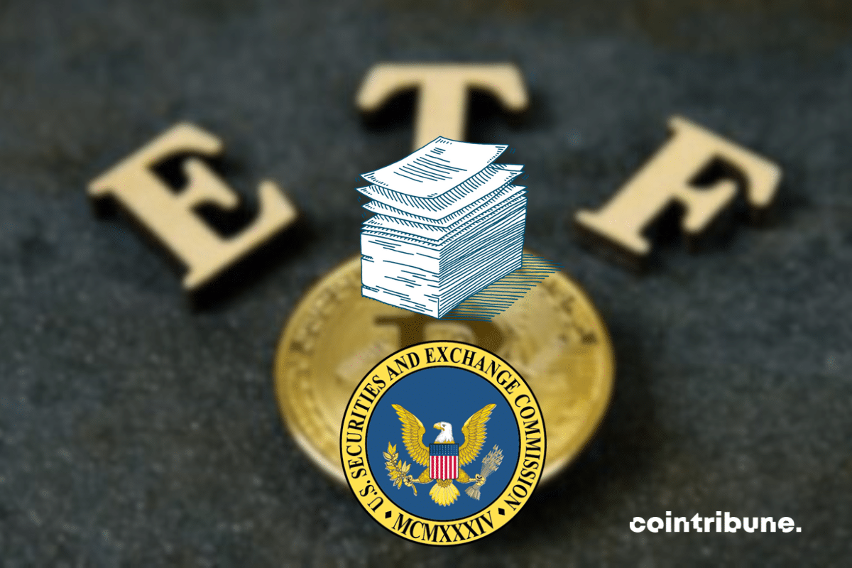 Pièce de bitcoin avec mention "ETF", avec logo de la SEC et empilement de dossiers