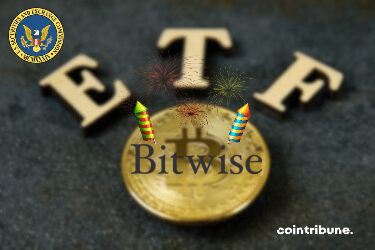 Pièce de bitcoin avec mention ETF, logo de la SEC et Bitwise