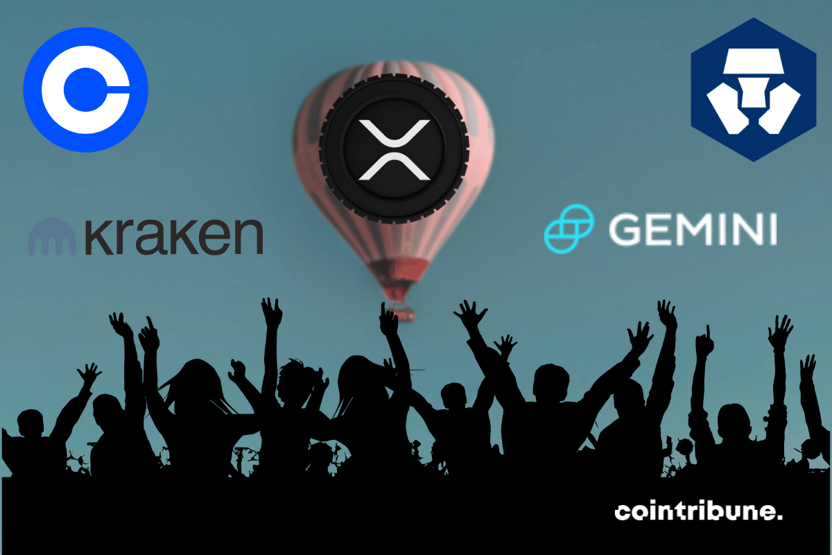 Photo de montgolfière avec logos de XRP, Gemini, Coinbase, Kraken et Crypto.com