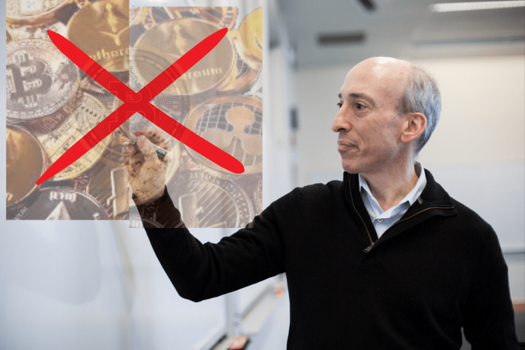 Gary Gensler en train de tracer une barre rouge sur la crypto