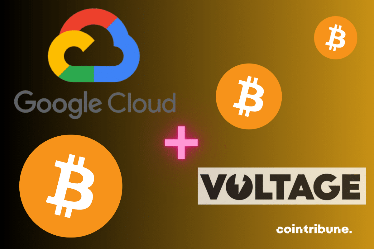 Logos de Google Cloud, Voltage et Bitcoin