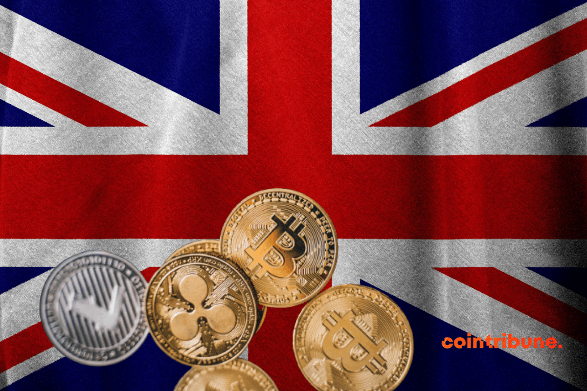 Des pièces de cryptos sur un drapeau britanique