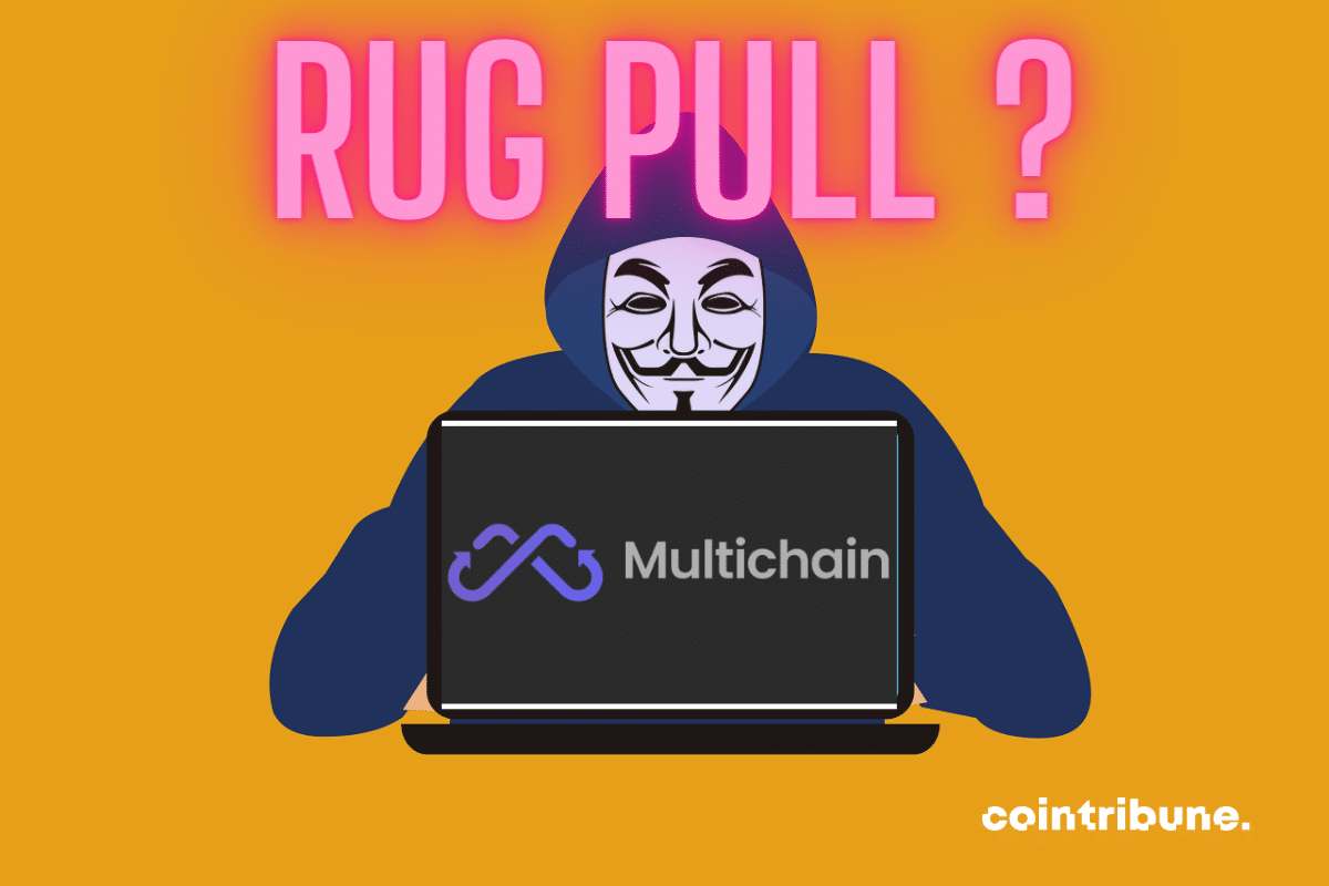Photo d'un chacker, logo de Multichain et mention "rug pull"