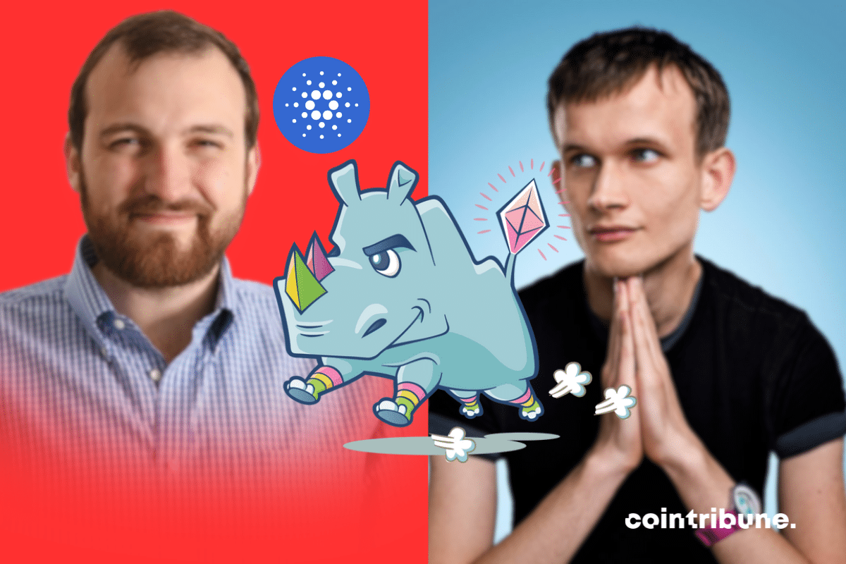 Photos de Vitalik Buterin et de Charles Hoskinson, de rhinocéros, logos de Cardano et Ethereum