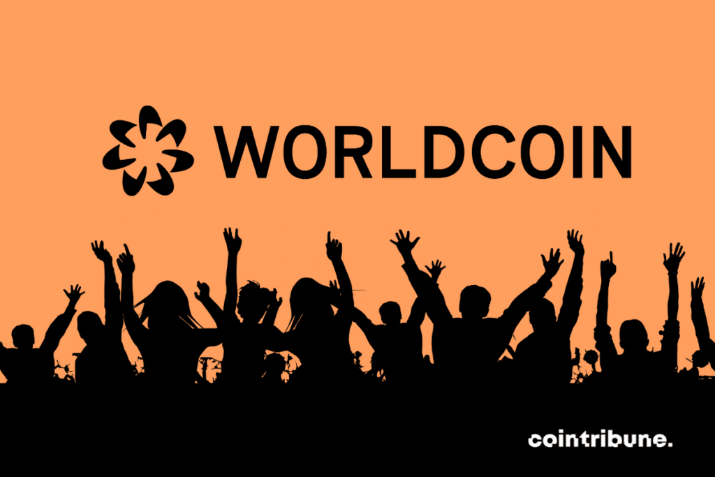 Crowd photo and Worldcoin logo