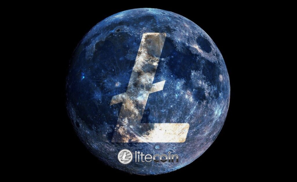 Litecoin logo with the earth in the background