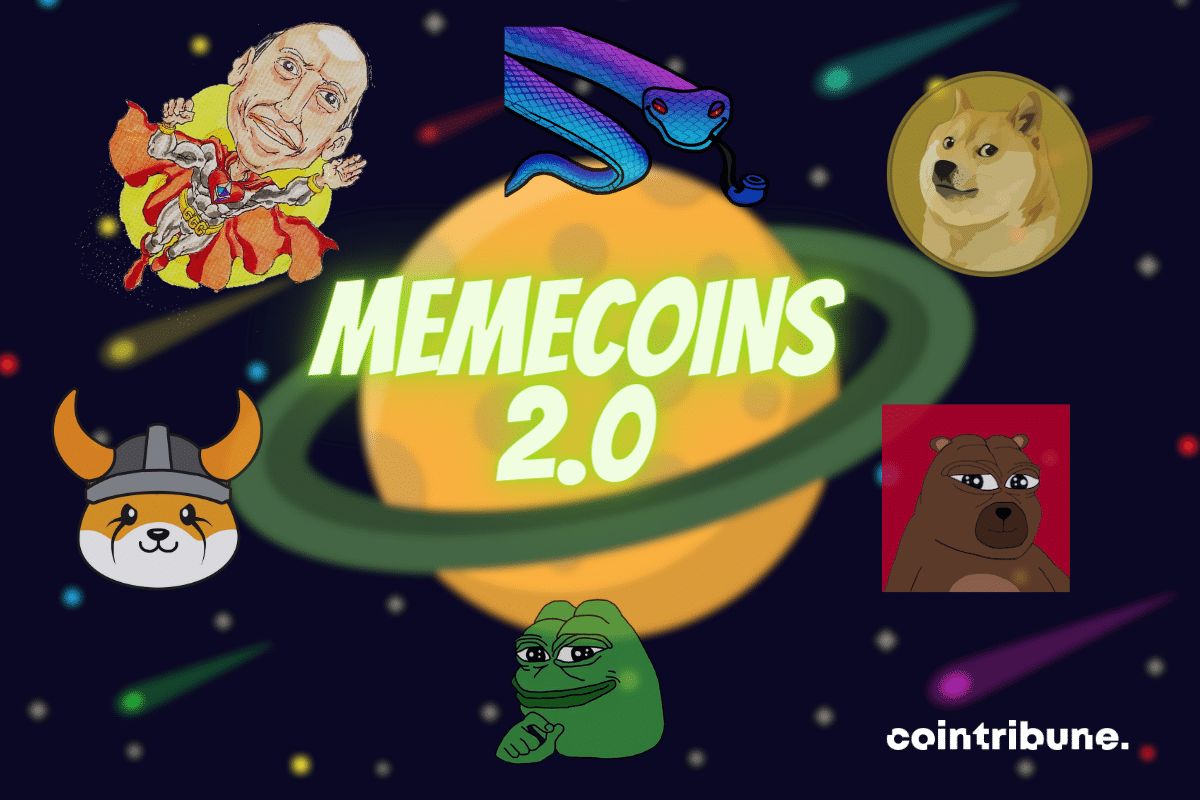 Photo planète Saturne, logos de memecoins et mention "memecoin 2.0"