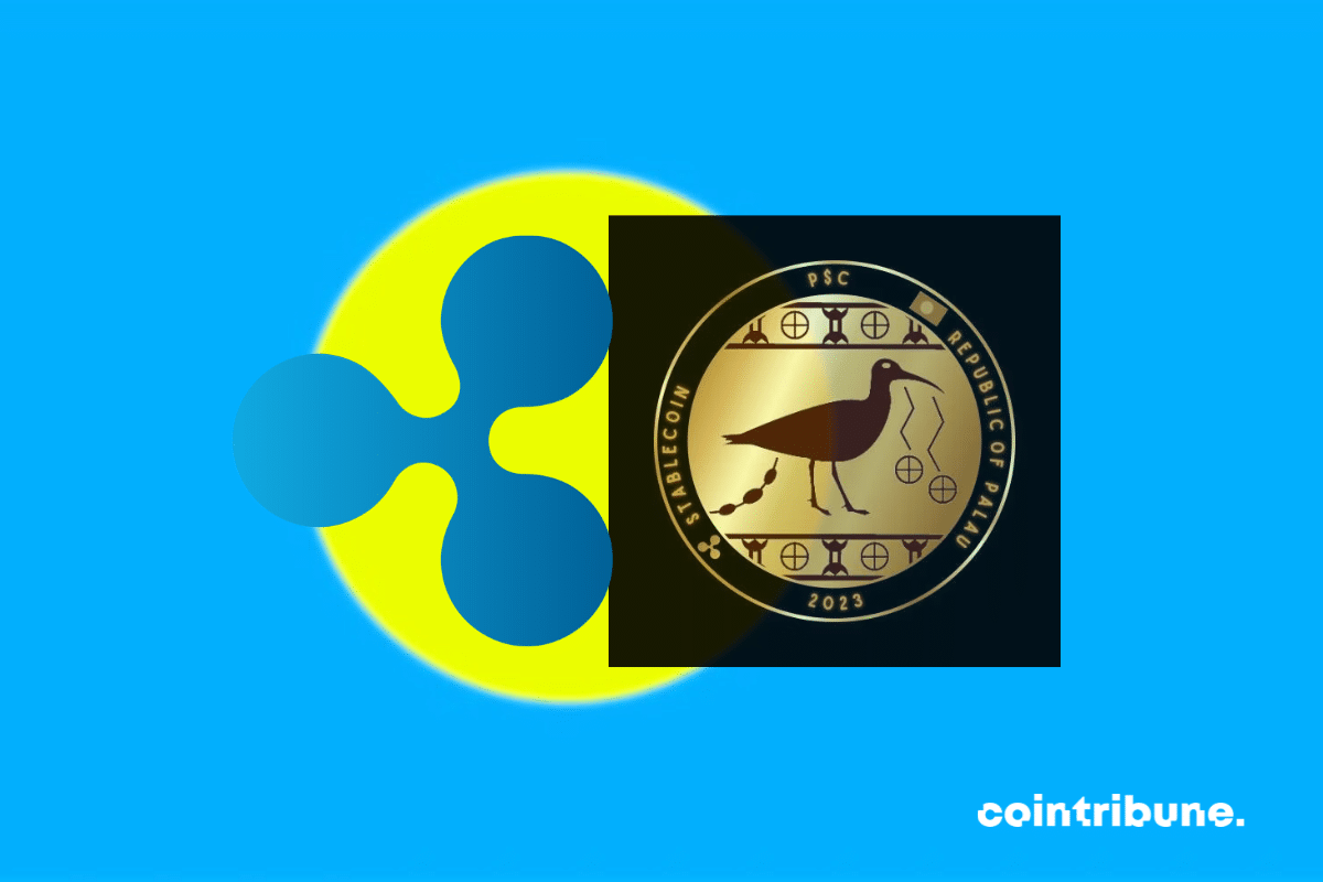 Drapeau des Palaos, logos de Ripple et du stablecoin PSC