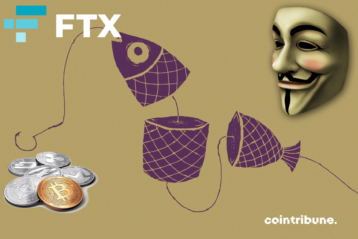Vecteur hameçonnage, masque Anonymous, pièces de cryptomonnaies et logo de FTX