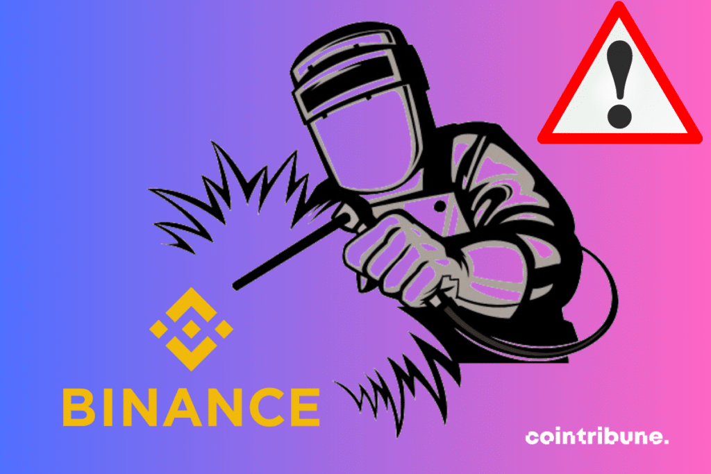 Photo of welders, alert icon and Binance logo