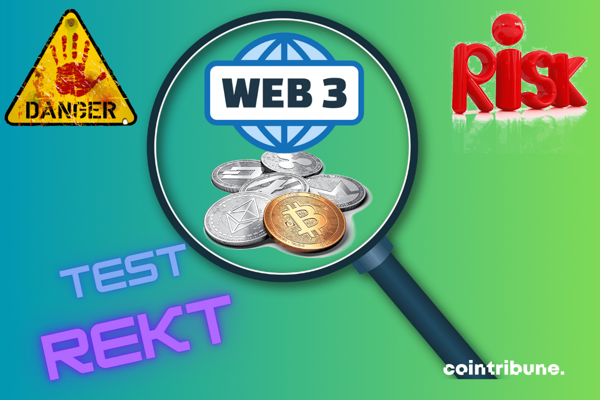 Photo de loupe, avec pièces de cryptomonnaies, logo du Web3, metion "Test Rekt", icônes "Danger" et "Risk"