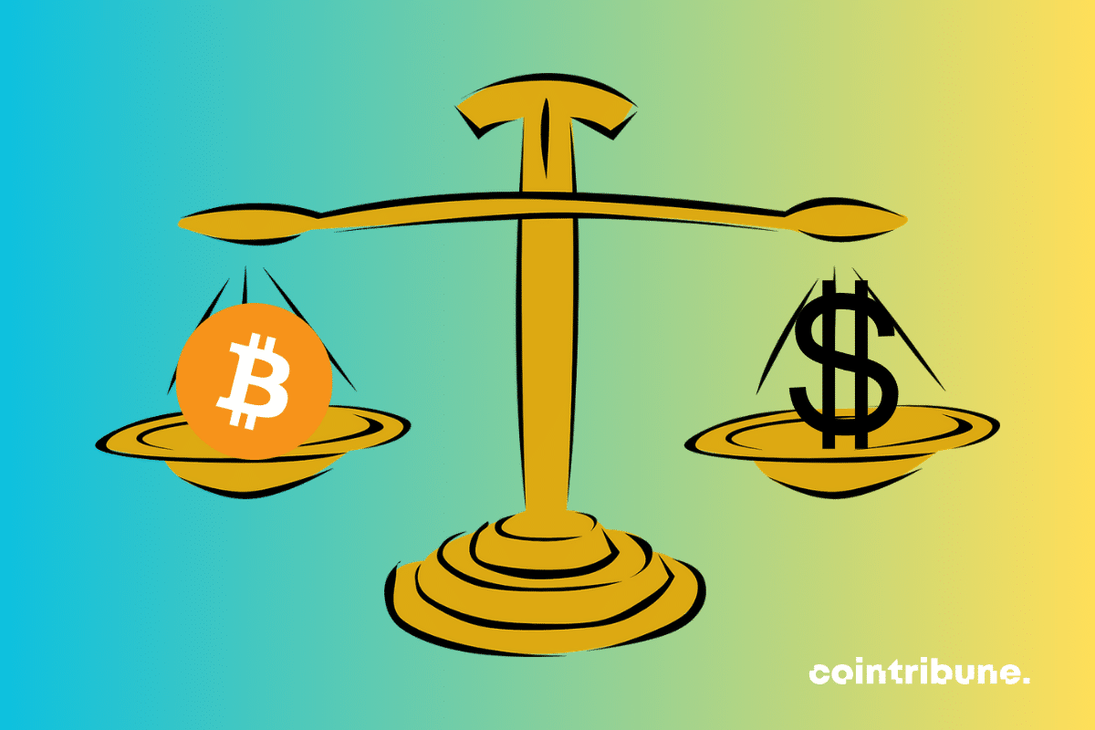 Photo d'une balance avec logos de Bitcoin et du Dollar