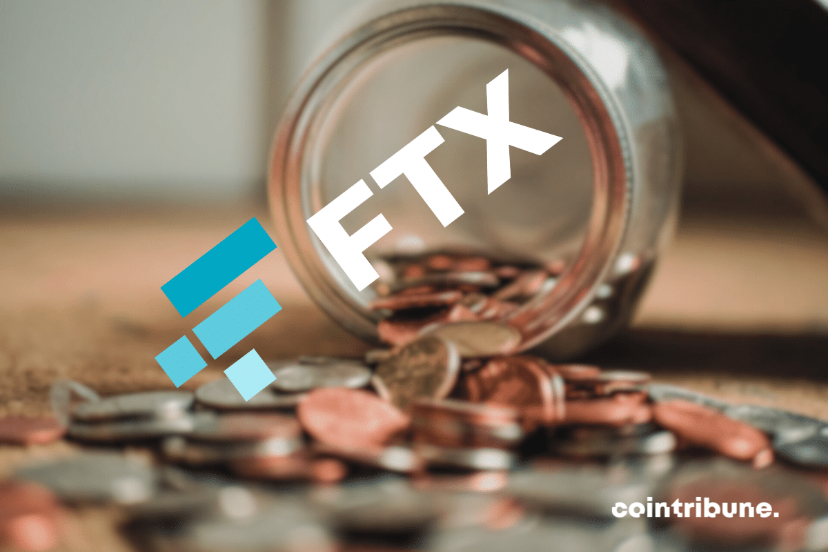 Pièces de monnaie sortant d'un bocal et logo de FTX