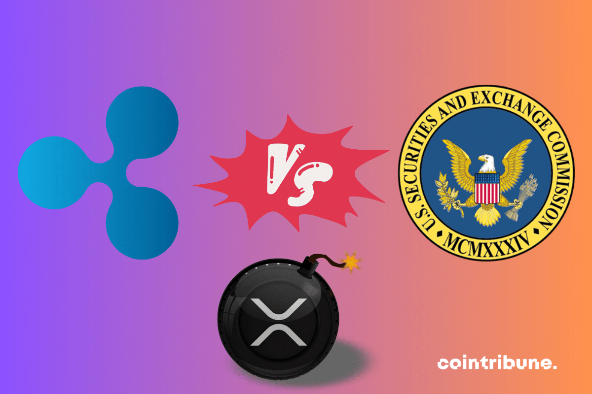 Logos de Ripple, XRP et de la SEC, et photo d'une bombe