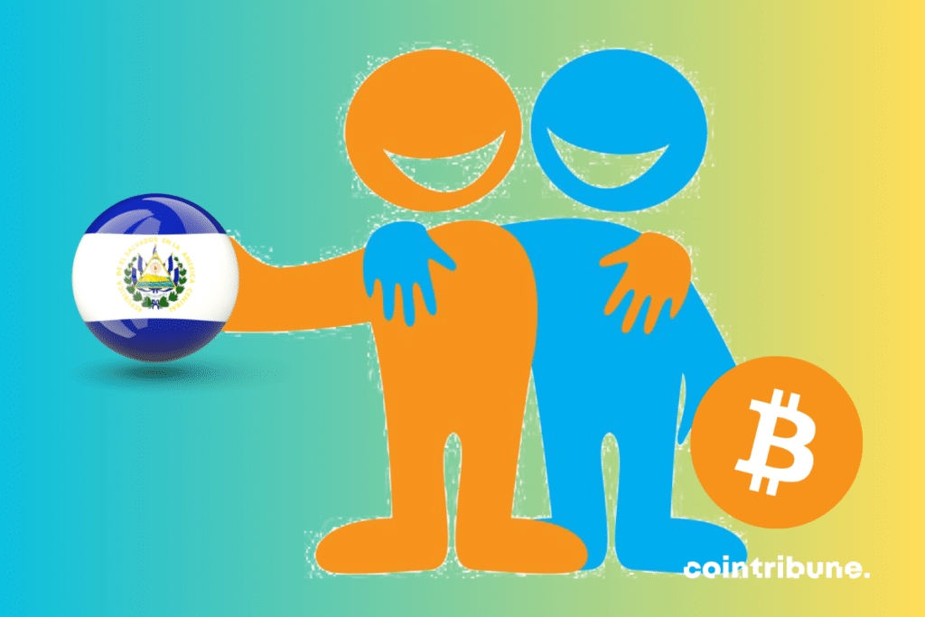 Vecteur amitié, logo de bitcoin et drapeau du Salvador