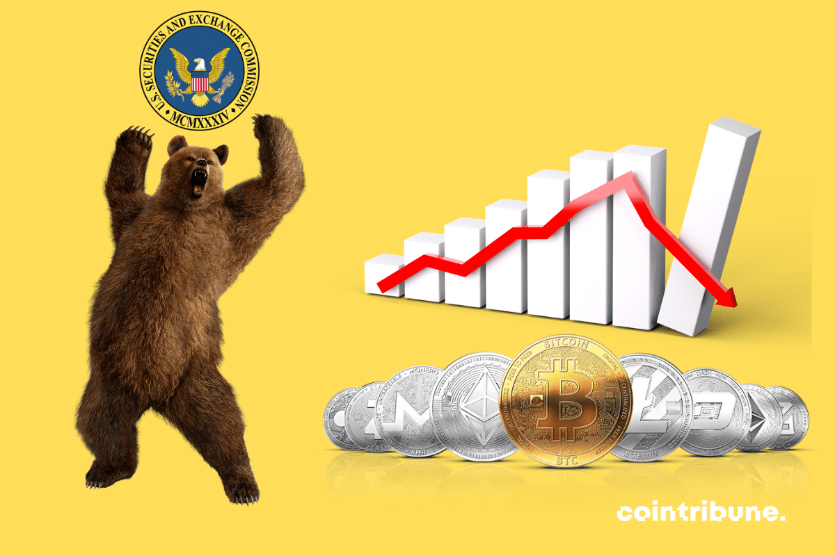 Photo d'ours, avec logo de la SEC, graphique descendant et pièces de cryptos