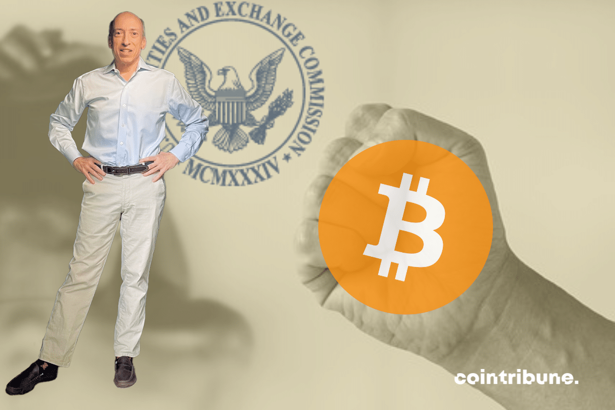 Photos of Gary Gensler, fist with SEC and Bitcoin logos