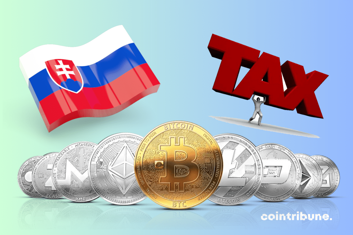 Pièces de crytomonnaies, drapeau de Slovaquie et vecteur de la taxe