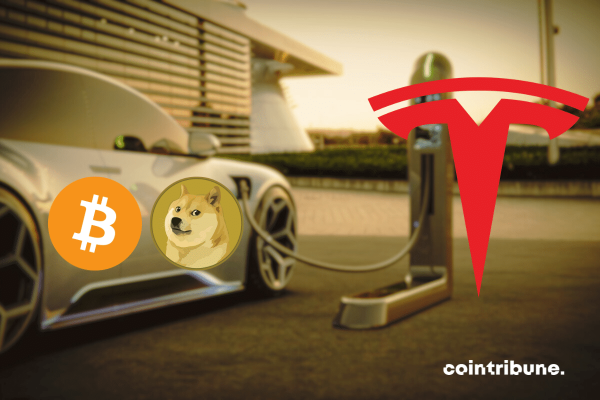 Photo d'une voiture électrique, logos de Tesla, Bitcoin et Dogecoin